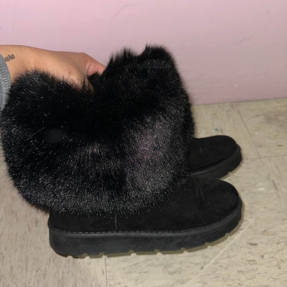 Journee Collection Black Winter Rain Boots with Plush Fur Trim